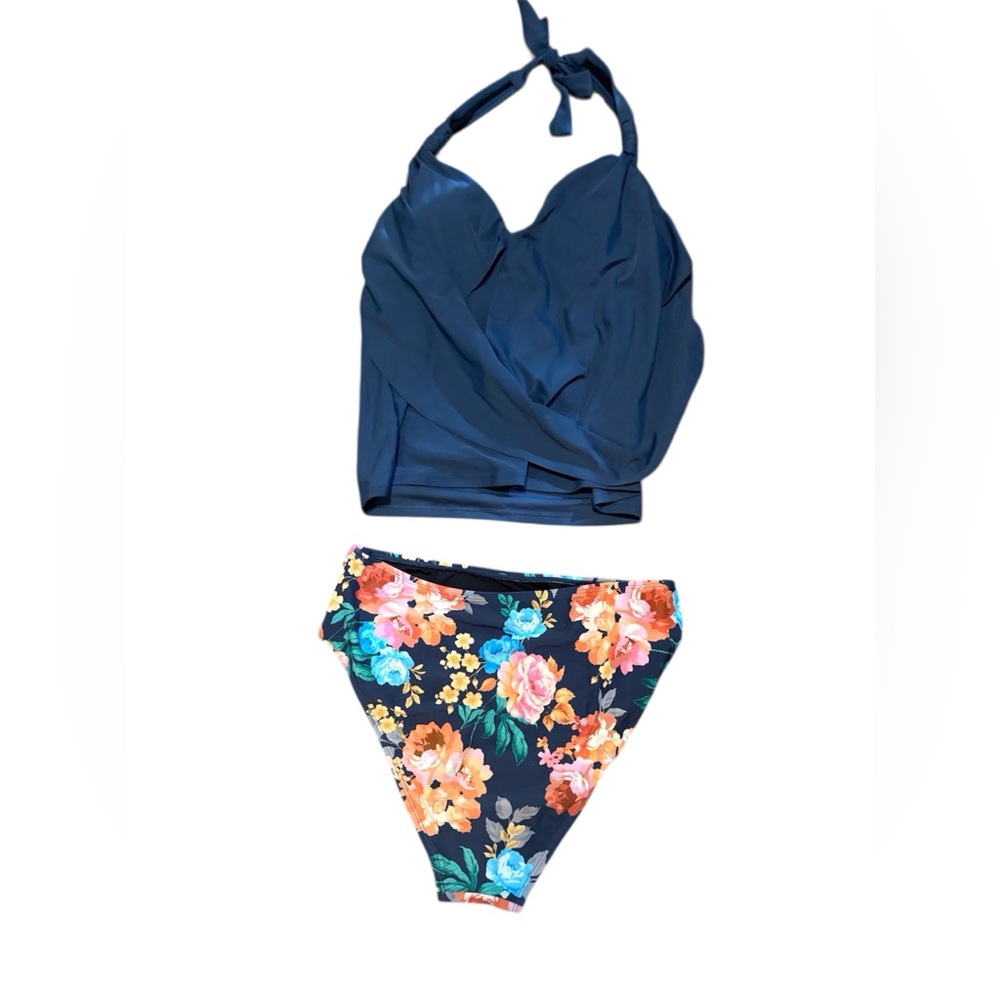 Cupshe Navy Halter Tankini Top with Floral High-Waist Bikini Bottom